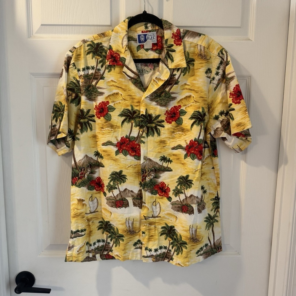 RJC Hawaii Aloha Shirt Mens Sz L Yellow Island Girls Beach‎ Palm Tree